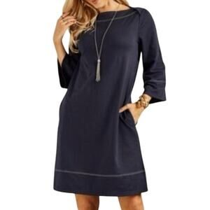 Suzanne Betro Navy Contrast Stitch Boat Neck Flare Sleeve Shift Dress Size M